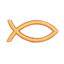 Ichthus - Jesus Fish - Religious - Gold/Red - Embroidered Iron on Patch