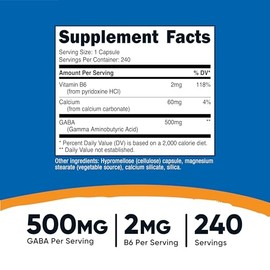 Nutricost GABA (Gamma Aminobutyric Acid) + Vitamin B6, 500mg per Serving, 240 Capsules