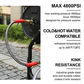 Heliwoo Pressure Washer Whip Hose 5FT, 3/8'' Reel Connector for Power Washer, 248°F Hot Water Jumper with 3/8'' Quick Connect Adapter Set, Steel-Braided-4800 PSI