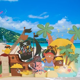 APOTODITO Birthday Cards for Kids, 3D Pirate Ship Card with Music & Light, Birthday Gifts for Kids Children Boys Son Grandson (please remember to remove the white panel protection card)