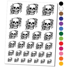 Skull and Roses Flowers Bones Temporary Tattoo Water Resistant Fake Body Art Set Collection - Black (One Sheet)