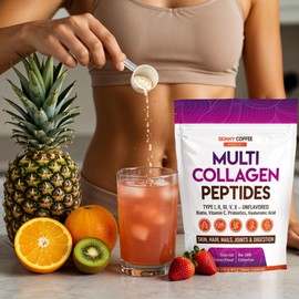 Multi Collagen Peptides Powder – Unflavored, Grass-Fed, Types I, II, III, V, X – with Biotin, Hyaluronic Acid, Probiotics & Vitamin C – Supports Hair, Skin, Nails & Joints – Non-GMO – 41 Servings
