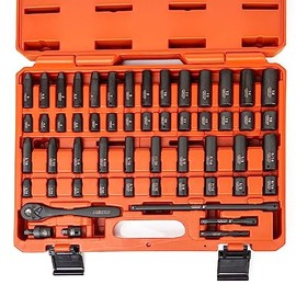 NEIKO 02437A 1/4 Drive Impact Socket Set 54 Piece Metric & Standard, Deep & Shallow Chrome Vanadium Steel 3/8” to 1/4” Reducer Hex Shank Adapter, Metric and Standard, Deep Socket Set