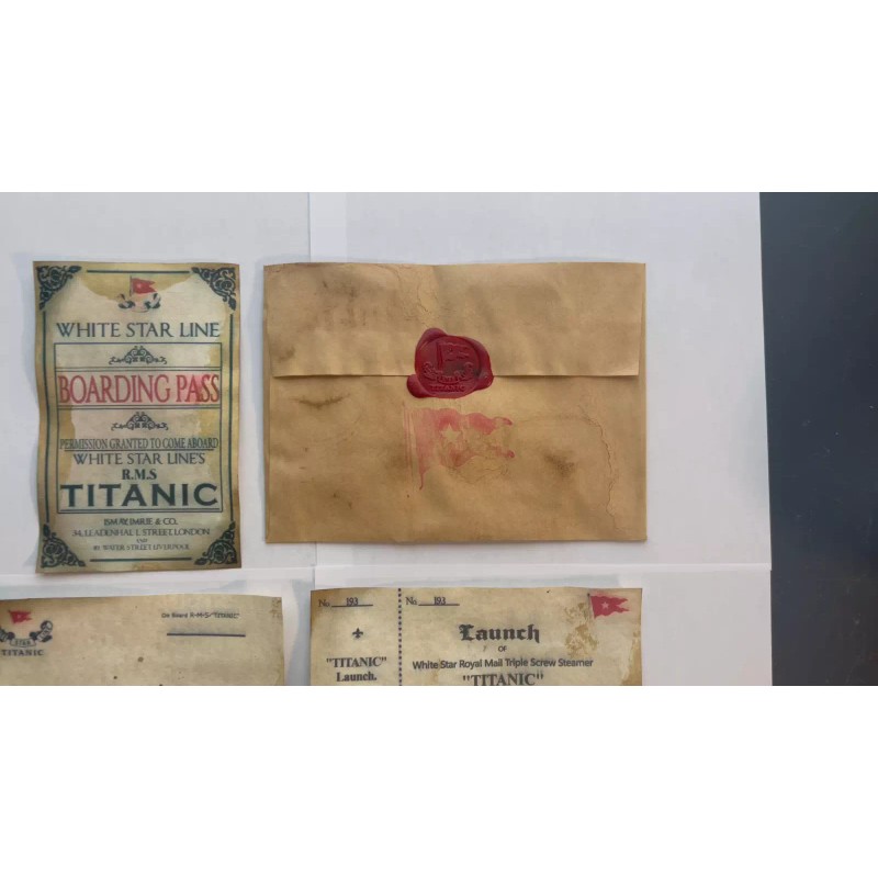Titanic Launch Ticket, Boarding Pass, Postcard, and Envelope - White