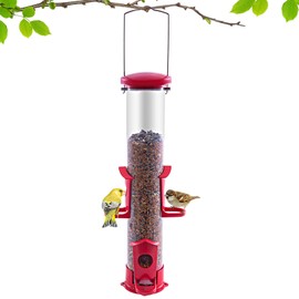 Skaithee Tube Bird Feeder for Outdoors Hanging Finch Feeders for Outsides Metal 4 Ports & U Perches Squirrel Chew Proof, Removable Base, Easy to Fill & Clean, Red Attracts More Wild Birds