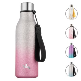 Konokyo Insulated Water Bottle with Strap,18 oz Double Wall Stainless Steel Vacuum Bottles Metal Water Flask,Sparkling Silver Pink