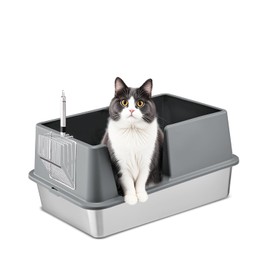 Stainless Steel Cat Litter Box with Lid, Large Metal Litter Box for Big & Multiple Kittens, Open Top with High Sides Enclosure, Anti-Leakage, Non-Sticky, Easy to Clean