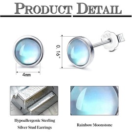 Finrezio 3 Paar 925 Sterling Silber Mondstein Ohrstecker Natürliche Runde Edelsteine Ohrringe für Damen Mondstein Ohrringe Türkis Schwarz Ohrstecker Hypoallergen 4MM