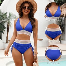 Adisputent - Conjunto de bikini de cintura alta para mujer, color bloque de bloque de baño, cuello en V, control de abdomen, 2 piezas, traje de baño, Azul Real, M