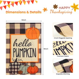 Hello Pumpkin Fall Garden Flag, 12×18 Inch Double Sided Yard Flag, Autumn Farmhouse Seasonal Holiday Yard Outdoor Thanksgiving Decoration (Pumpkin)