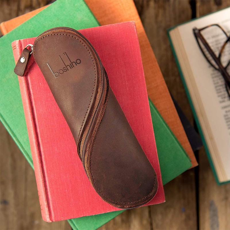 Boshiho Pen Case, Genuine Leather, Pencil Case, S-Shaped Zipper, Glasses