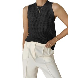 Famulily Women's Black Summer Crochet Knit Tank Tops Sleeveless Hollow Out Knitted Top Round Neck Cami Shirts M