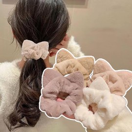 LIKENNY Velour Scrunchie, Cat Ears, Hair Elastic, Set of 4, Fluffy, Hair Ornament, Cute, Stylish, Fall and Winter, Women's Hair Accessories