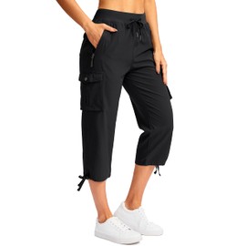 Soothfeel Women's Cargo Capris Pants with 6 Pockets Lightweight Quick Dry Travel Hiking Summer Pants for Women Casual (Black, L)