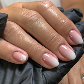 KQueenest Ombre Pink Press On Nails Short Oval,Thick Acrylic Nails Press Ons,Short Almond Nails Glue on,Natural French Round Fake Nails,One Color Gel Stick On Nails Set For Tiny Average Wide Nail Beds