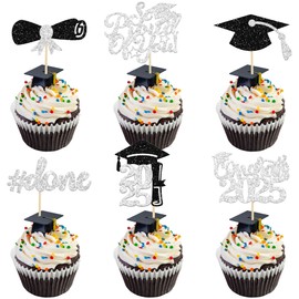 Gyufise 24Pcs Graduation Cupcake Toppers 2025 Silver Glitter Class of 2025 Cupcake Toppers Supplies So Proud of You Congrats Grad Cap Diploma Cupcake Picks for Graduation Party Decorations