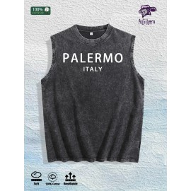 Palermo Italy Graphic Washed Vest US Warehouse 3 Colors Cotton TankSize: Xl, Color: Black