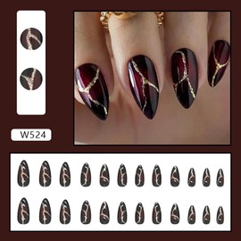 24PCS Black Full Cover Reusable Glossy False Nails Kits, Press on Nails Pointed Medium Length with Gold Lightning Designs Artificial Fingernails Acrylic Fake Nails for Women Glue on Nails Almond Shape