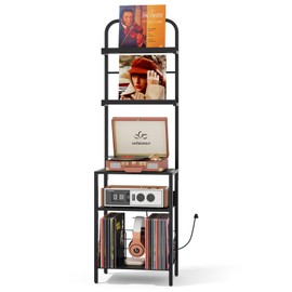 Homsorout Record Player Stand with Vinyl Storage - 5-Tier Turntable Table with Power Outlet, Adjustable Feet, Metal & Wood Cabinet - Console Organizer Display Shelf for Living Room, Apartment