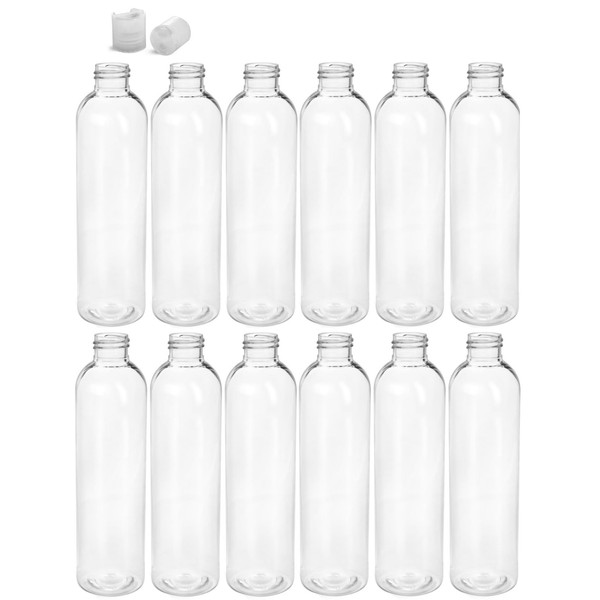 Premium Essential Oil 8 Ounce Cosmo Round Bottles, PET Plastic Empty Refillable BPA-Free, with Natural Color Press Down Disc Caps (Pack of 12) (Clear)