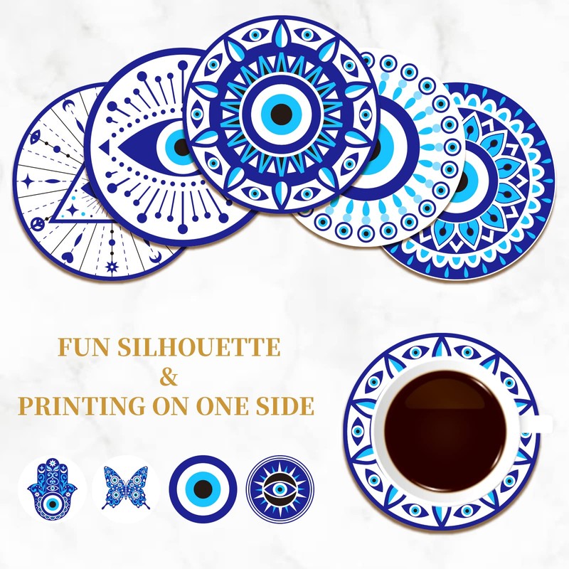 BENECREAT 9Pcs Evil Eye Wood Coasters, Butterfly Mandala Flower Wood