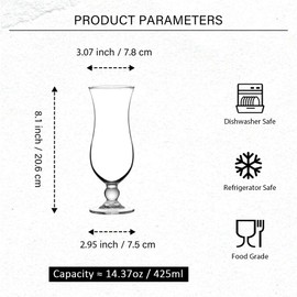 binsakao Hurricane Glasses Set of 6 - Pina Colada Cocktail Glass - 14 oz Clear Tulip Drinking Cups for Juices, Full-Bodied Beer, Tropical Drinks, Water, Beverages