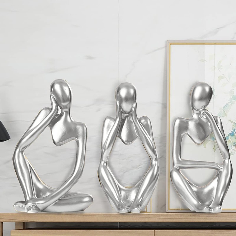 Silver Sculpture 3 Pcs Thinker Statue Set Abstract Sculptures Home