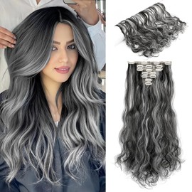 Cephermer Hair Extensions Wavy 7 PCS Clip in Hair Extensions 24" Long and Thick 170g Synthetic Hairpieces Double Weft Natural Soft Hair for Women Natural Black Mix Silver Grey