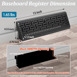 Baseboard Register Diffuser Vent Covers: 6 Pcs 15 Inch Baseboard Diffuser (Duct Opening Size) - Smooth Air Adjust Lever & Easy Install for Home Floor Wall Register Vent Cover - Black