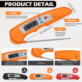 Xuhal 12 Pcs Digital Meat Thermometer with Probe Waterproof Instant Read Foldable Food Thermometer with Magnet for Kitchen Grilling Cooking Turkey Baking BBQ (Red,Black,Orange)