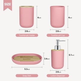 Seeatoo 4 PCS Pink Bathroom Accessories Set, Pink Bamboo Bathroom Accessories, Plastic Soap Dispenser and Toothbrush Holder Set, Soap Dish and Mouthwash Cup, Boho Bathroom Decor, Bathroom Set