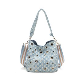 Womens 2 in 1 Shoulder Bag with Inside Bag Canvas Denim Handbag with Wide Strap -LIGHT BLUE