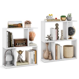 Giantex 3-Tier S-Shaped Bookshelves Set of 2, Modern Geometric Bookcase, Freestanding Display Shelf for Small Space, Versatile Side Table, Wooden Storage Organizer for Home Office, Living Room, White