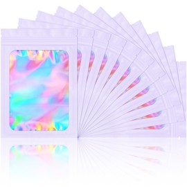 Paquete de 100 bolsas a prueba de olores, bolsa de embalaje holográfica Mylar resellable con ventana transparente para almacenamiento de alimentos, joyas, almacenamiento electrónico de pestañas