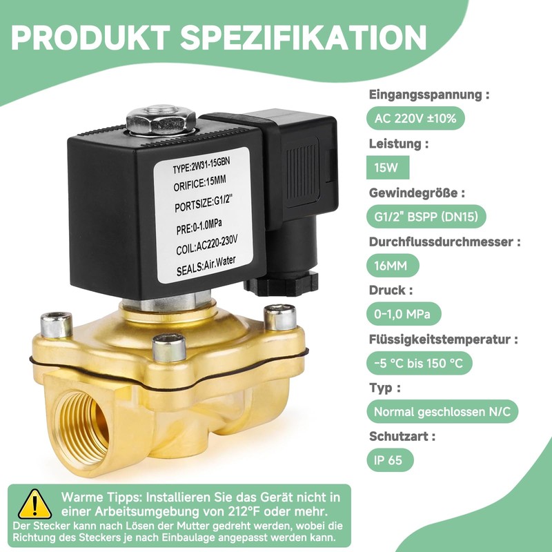 Brass Solenoid Valve G1/2 Inch 230 V AC 0-10 Bar