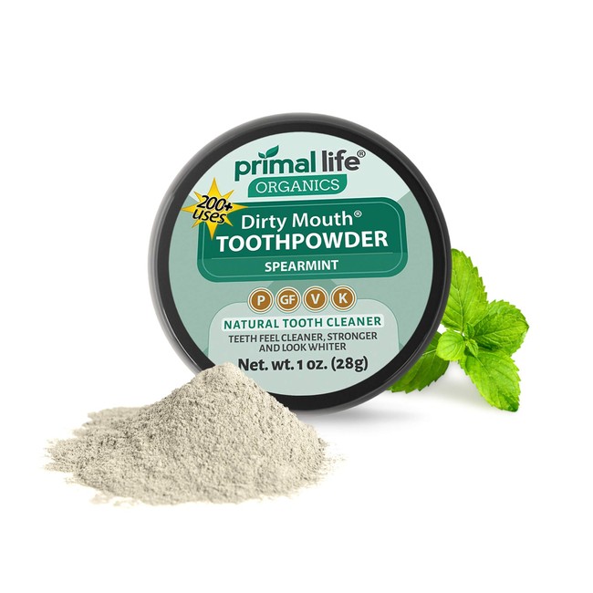 Dirty Mouth Tooth Powder for Teeth Whitening, Toothpaste Powder Teeth Whitener with Essential Oils and Bentonite Clay, 200 uses, Spearmint Flavor (1 oz) - Primal Life Organics
