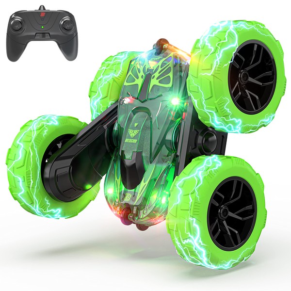 BEZGAR LED Remote Control Cars - 2.4GHz Double Sided Stunt Car, 360° Flips Rotating 4WD RC Car, Indoor & Outdoor Fun Rechargeable Toy Gifts for Boys Kids Girls, TD203 Green
