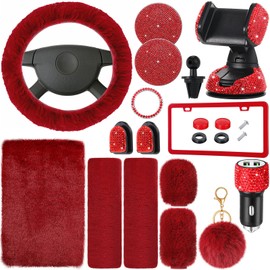 Tallew 15 Pcs Fluffy Bling Steering Wheel Cover Set for Women Car Accessories Soft Fuzzy Seat Belt Shoulder Pad Handbrake Cover Gear Shift Cover Warm Car Decoration