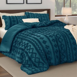 3-Piece Elegant Tufted Farmhouse Boho Comforter Set Queen Size Pretty Teal Blue Color | Eclectic Bohemian Plain Weave Geometric Patchwork Pattern | 3D Textured Durable Soft Cozy Shabby Chic Bedding