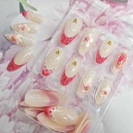 24Pcs Flower Press on Nails Medium Almond Fake Nails 3D Floral with Gold Rhinestones Designs Glue on Nail Spring Stick on Nails Pink French Tip False Nails for Women Girls