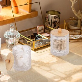 Tonxus Bathroom Qtip Holder Set,Glass Apothecary Jars with Lids,Bamboo Cotton Ball Holder,Clear Cotton Swab Holder,Bathroom Vanity Storage Organizer for Round,Bath Salts,Candy,Jewelry (Nail)