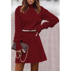 Pink Queen Women's Mock Neck Sweater Dress Autumn Spring Trendy Puff Long Sleeve Cocktail Party Mini Short Dress for Ladies Going Out Berry Red M