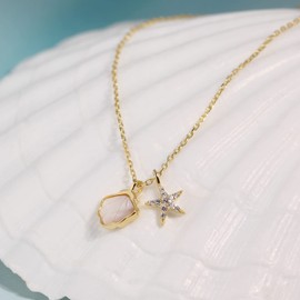 Meissa Silver Starfish Necklace for Women Sea Shell Pendant Necklace Mother of Pearl Cubic Zirconia Ocean Theme Sea Lover Chocker (Gold)