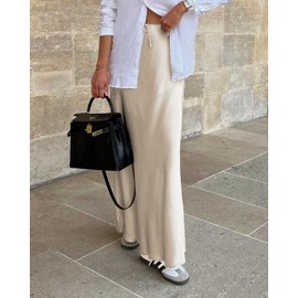 VividHarbor Women's Drawstring Satin Maxi Skirt High Waist Silk A Line Flowy Long Skirts Beige