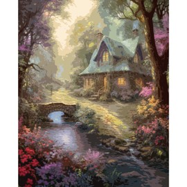 Tucocoo Flowers House Painting by Numbers for Adults, DIY Digital Oil Painting Kits on Canvas with Brushes and Acrylic Pigment Stream Forest Landscapes Picture for Home Decor Gifts 40 x 50 cm