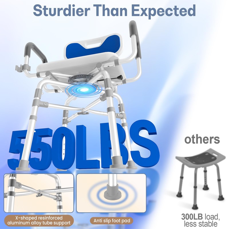 360° Swivel Shower Chair, 550 lbs Capacity, Removable Back and
