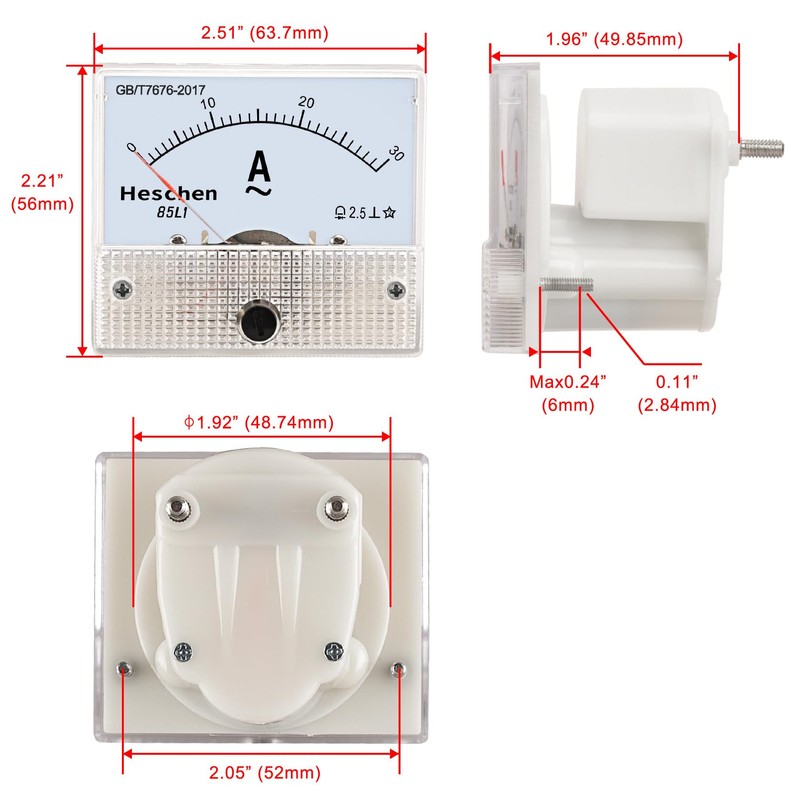 Heschen 85L1-30A Rectangle Panel Mounted Current Meter Ammeter Tester, AC