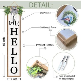 Double-sided Oh Hello Wooden Sign Stand with Magnetic-adhesive Wreath for Front Door, 45" Vertical Farmhouse Welcome Porch Sign, 2in1 Large Tall Porch Leaner Decor for Outdoor Patio Garden