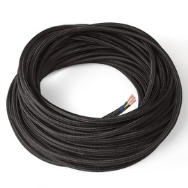 Amarcords - Textile cable for lamps, black, round, silk, 10 metres, with grounding 3 x 0.75 - fabric cable covered with coloured vintage fabric for chandeliers, wall lamps and lampshades