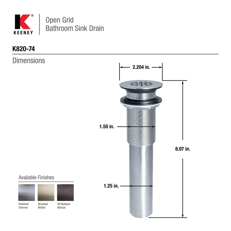 Keeney K820-74BRZ Universal Open Grid Bathroom Sink Drain Without Overflow,